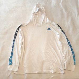 Adidas long sleeve hoodie. Size 10-12 ,White with blue and black trim. Nice cond